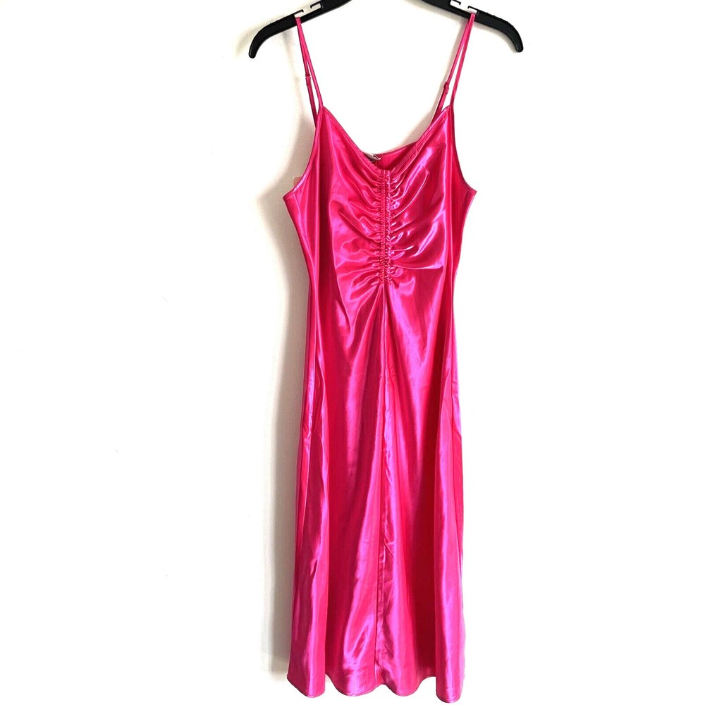 A New Day  Fuchsia Pink Ruched Midi Silky Soft Slip Dress Small NEW